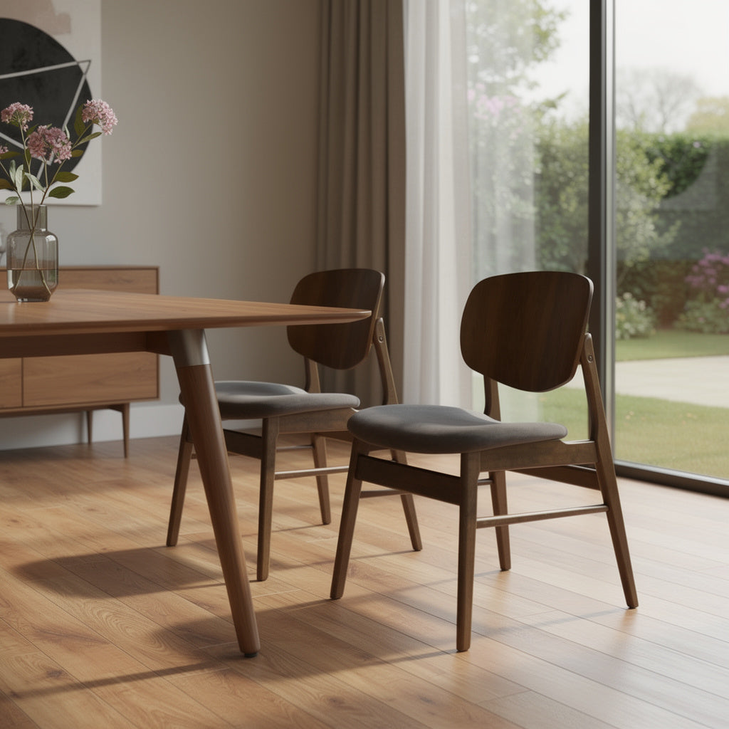 Set of Two Brown and Walnut Fabric and Solid Wood Partially Open Back Dining Side Chairs