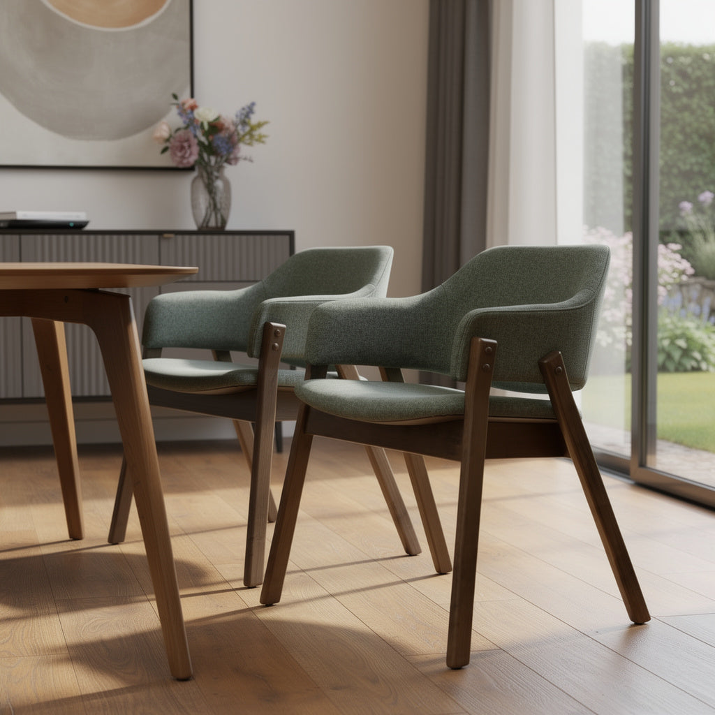 Set of Two Green and Walnut Fabric and Wood Partially Open Back Dining Arm Chairs