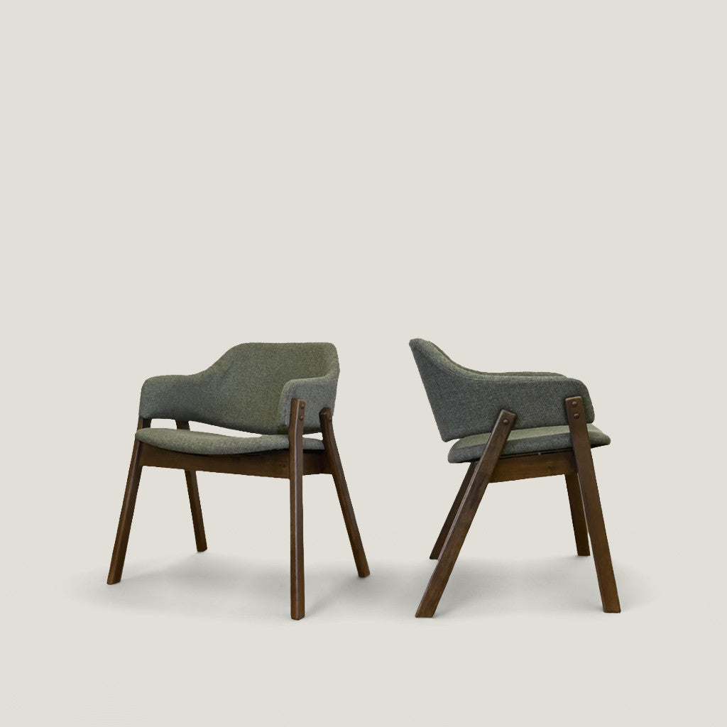 Set of Two Green and Walnut Fabric and Wood Partially Open Back Dining Arm Chairs