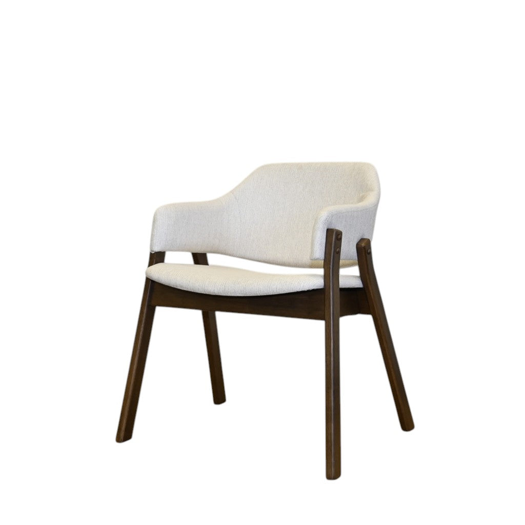 Set of Two Cream and Walnut Fabric and Wood Partially Open Back Dining Arm Chairs