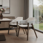 Set of Two Cream and Walnut Fabric and Wood Partially Open Back Dining Arm Chairs