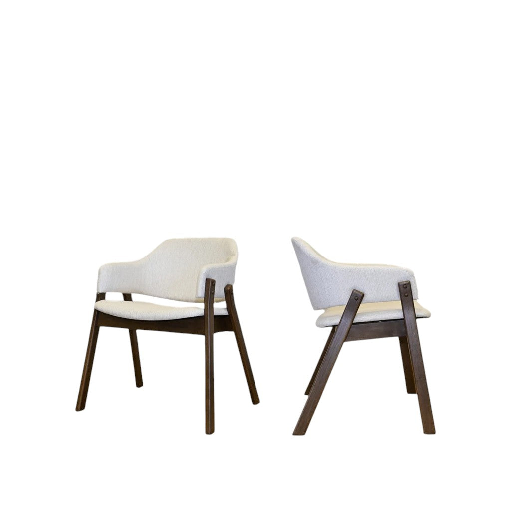 Set of Two Cream and Walnut Fabric and Wood Partially Open Back Dining Arm Chairs