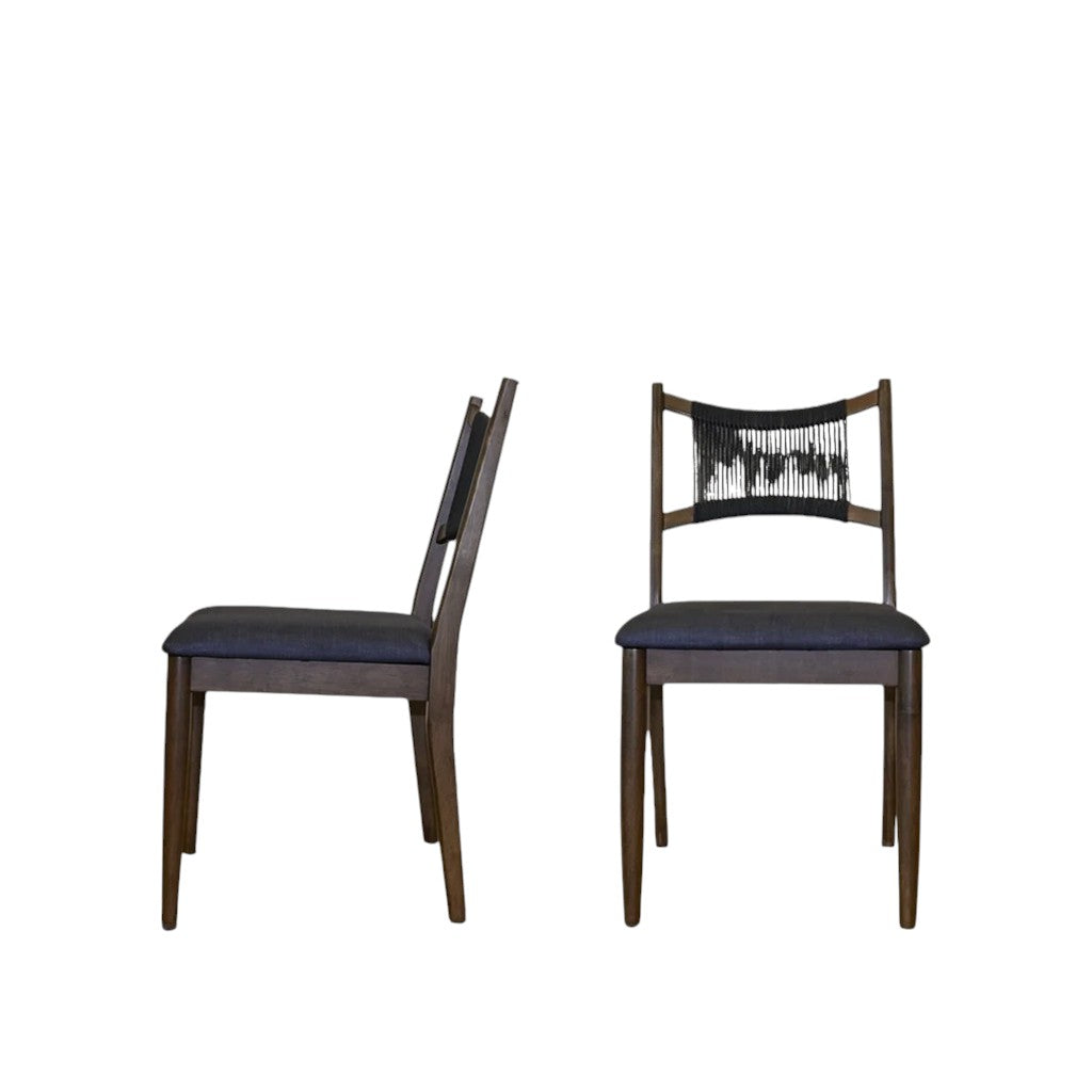 Set of Two Black and Walnut Fabric and Wood Partially Open Back Dining Side Chairs