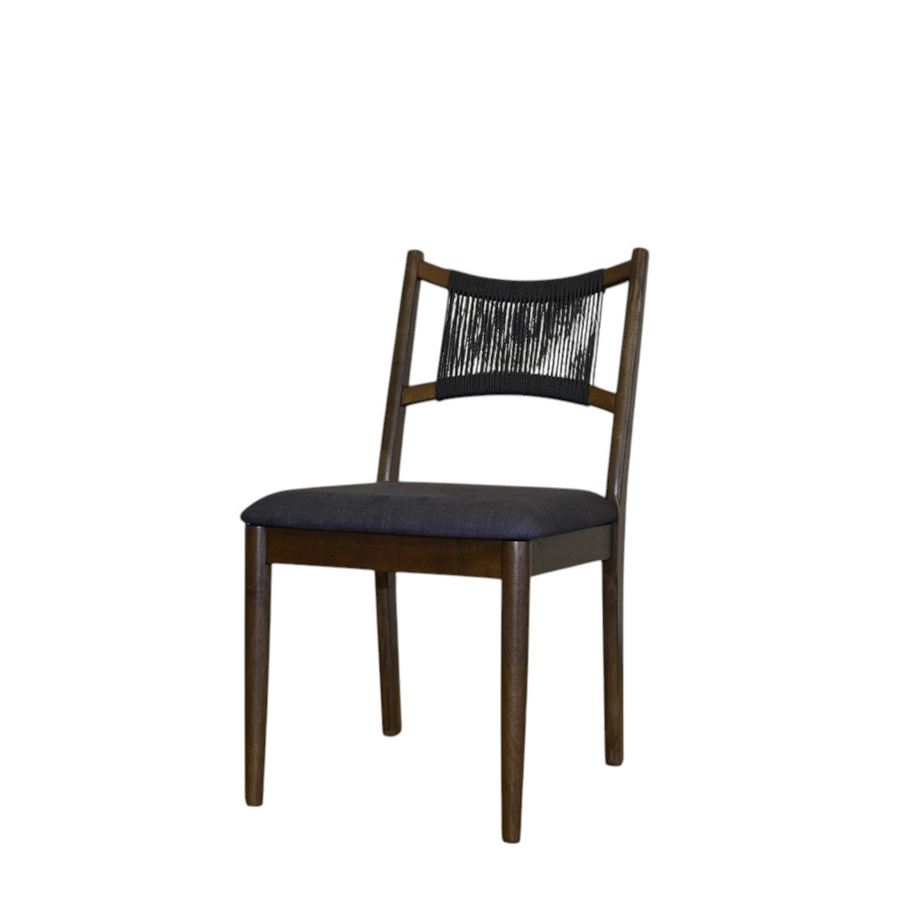 Set of Two Black and Walnut Fabric and Wood Partially Open Back Dining Side Chairs