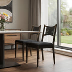 Set of Two Black and Walnut Fabric and Wood Partially Open Back Dining Side Chairs