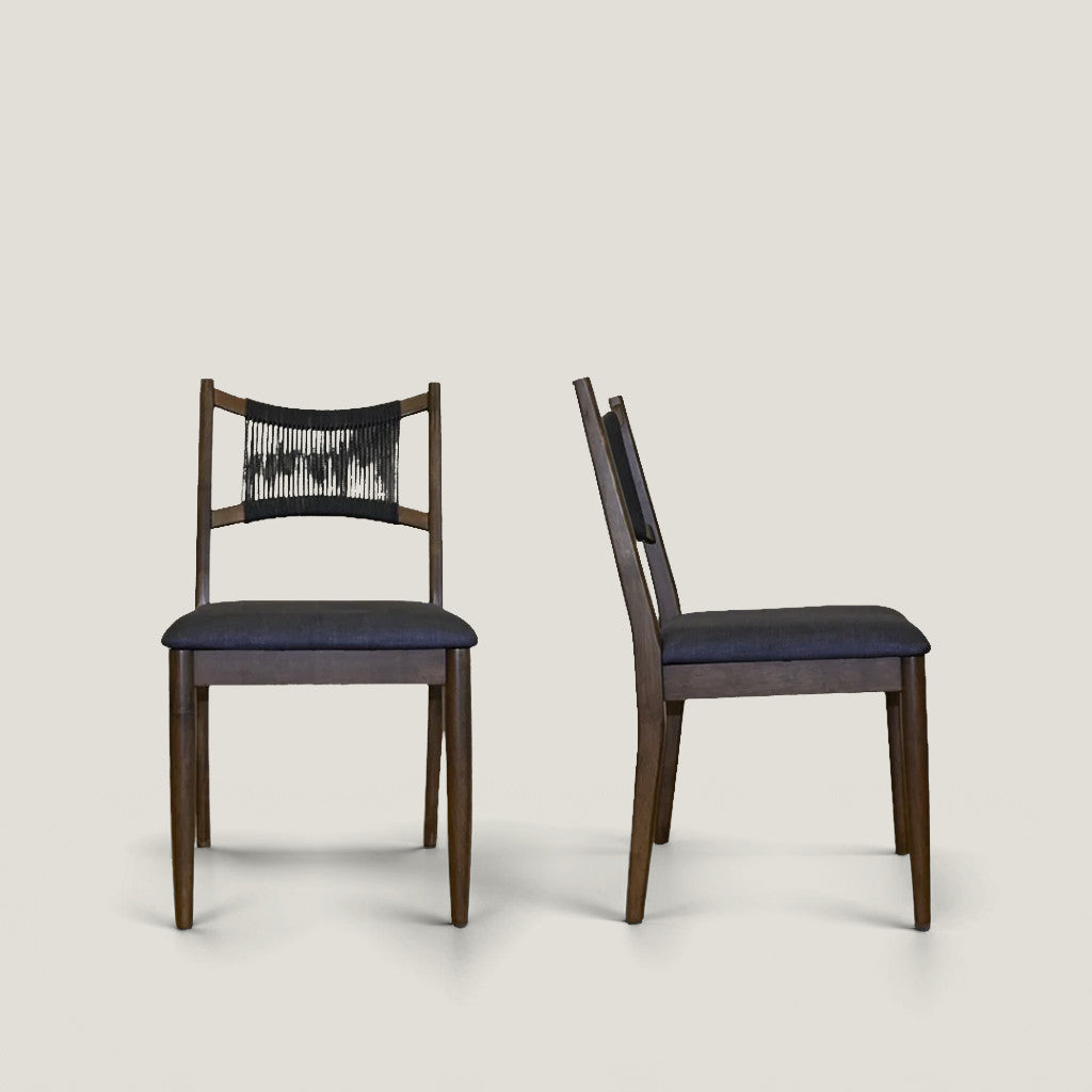 Set of Two Black and Walnut Fabric and Wood Partially Open Back Dining Side Chairs