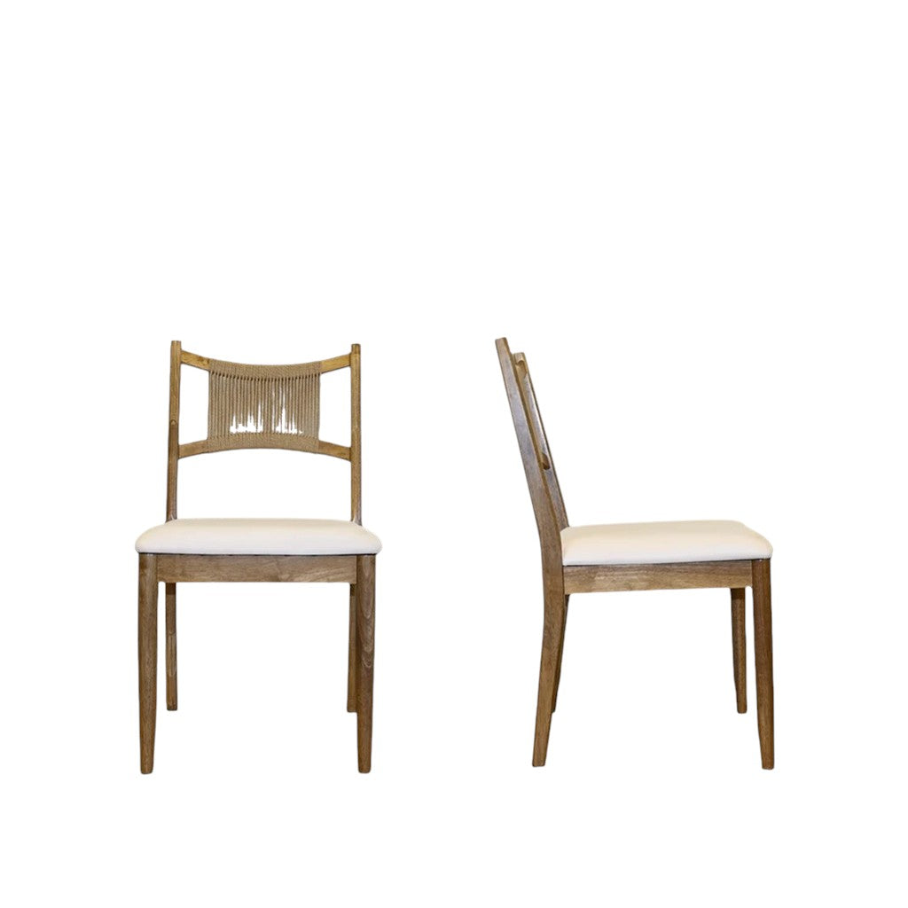 Set of Two Cream and Natural Fabric and Wood Partially Open Back Dining Side Chairs