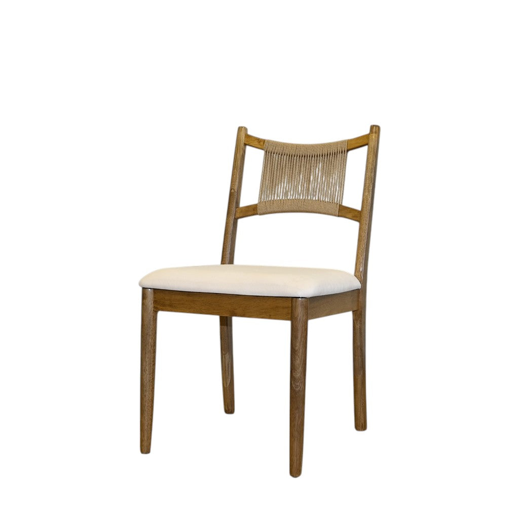 Set of Two Cream and Natural Fabric and Wood Partially Open Back Dining Side Chairs