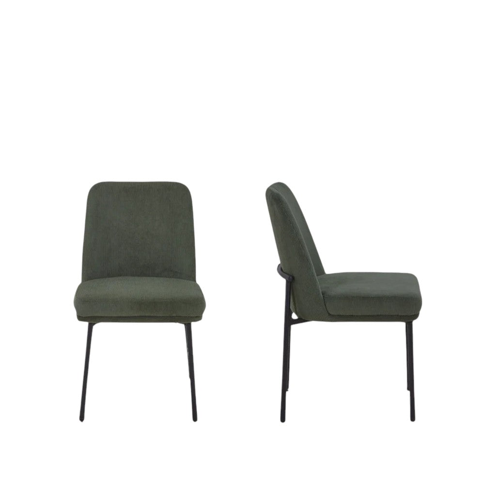 Set of Two Green and Black Corduroy and Solid Wood Dining Side Chairs
