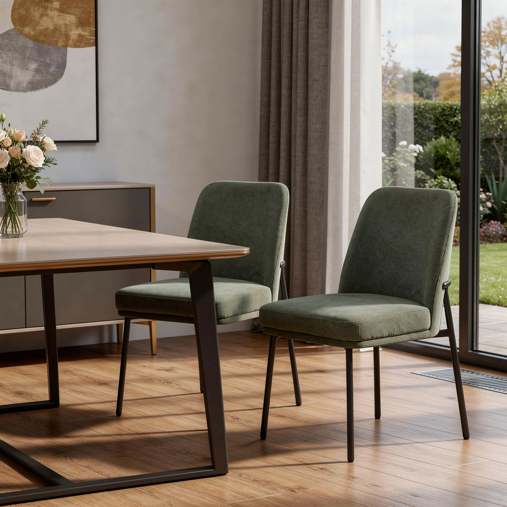 Set of Two Green and Black Corduroy and Solid Wood Dining Side Chairs