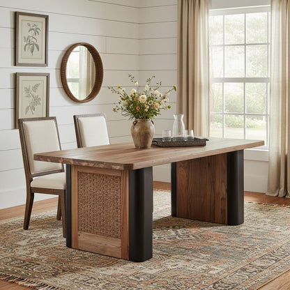 71" Natural and Black Reclaimed Wood And Rattan Dining Table