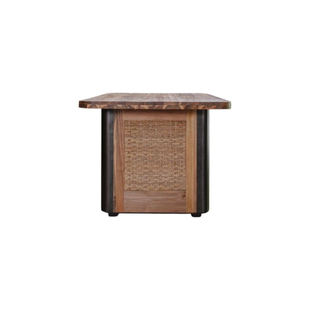 71" Natural and Black Reclaimed Wood And Rattan Dining Table