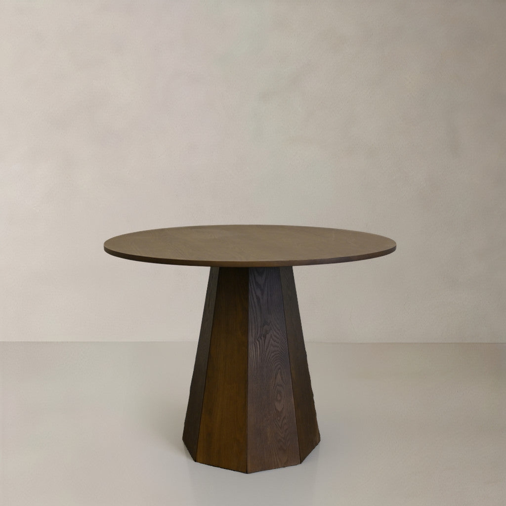 39" Walnut Brown Wood Faceted Pedestal Round Top Dining Table