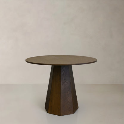 39" Walnut Brown Wood Faceted Pedestal Round Top Dining Table