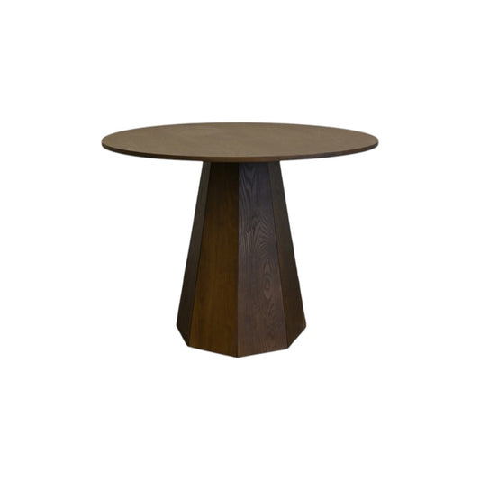 39" Walnut Brown Wood Faceted Pedestal Round Top Dining Table