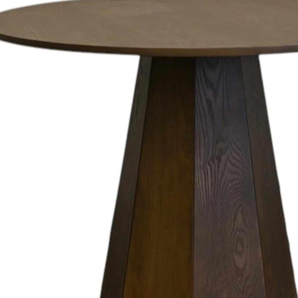 39" Walnut Brown Wood Faceted Pedestal Round Top Dining Table