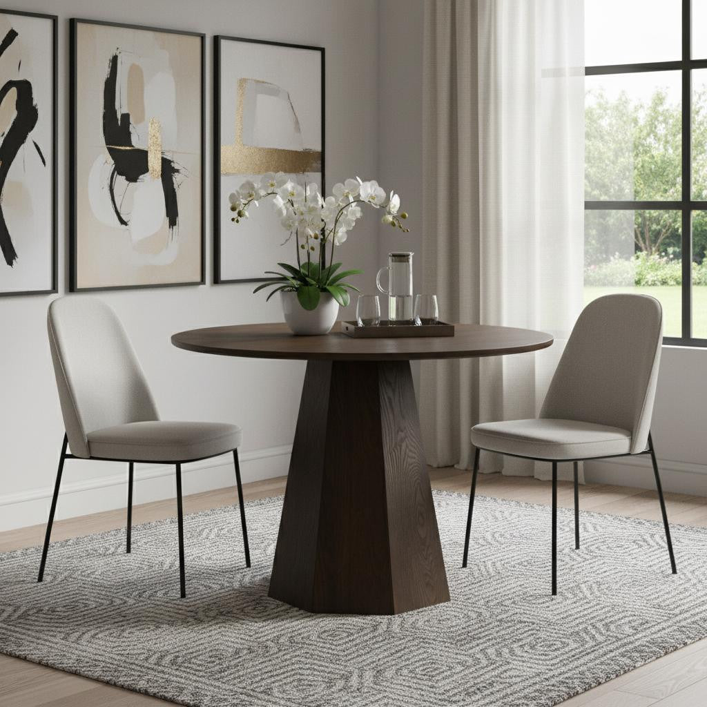 39" Walnut Brown Wood Faceted Pedestal Round Top Dining Table