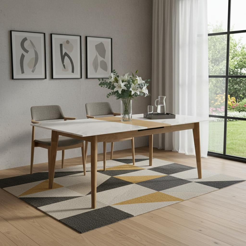 86" White and Oak Wood Self-Storing Leaf Extendable Dining Table