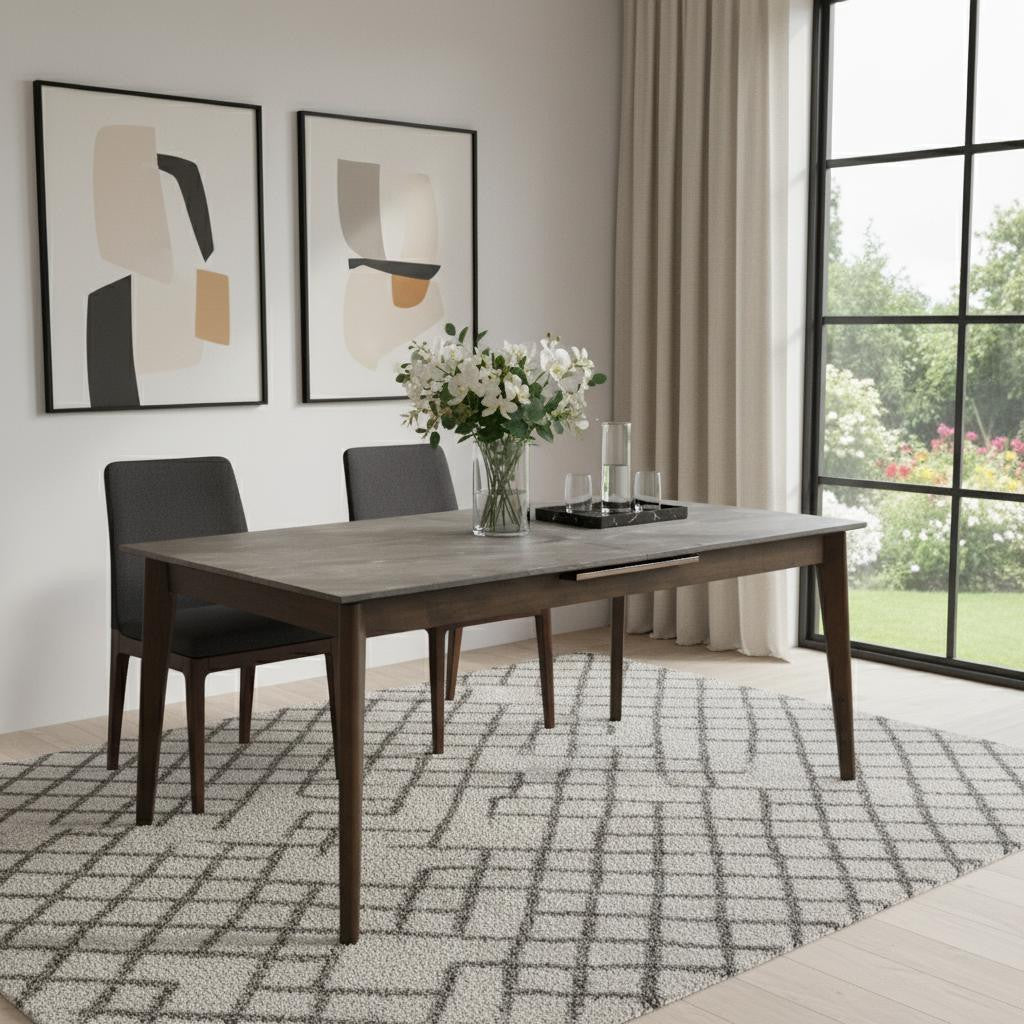 86" Gray and Walnut Wood Self-Storing Leaf Extendable Dining Table