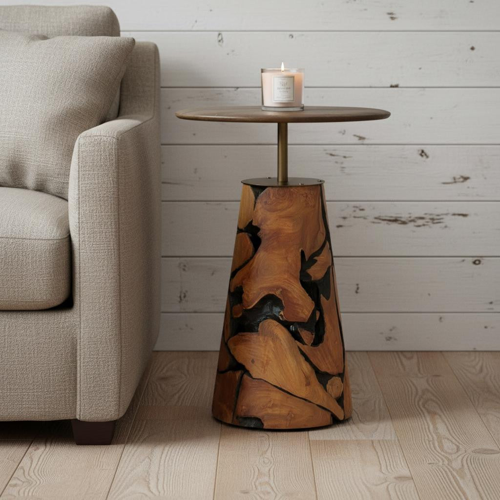 26" Natural Reclaimed Wood and Wood Round Pedestal End Table