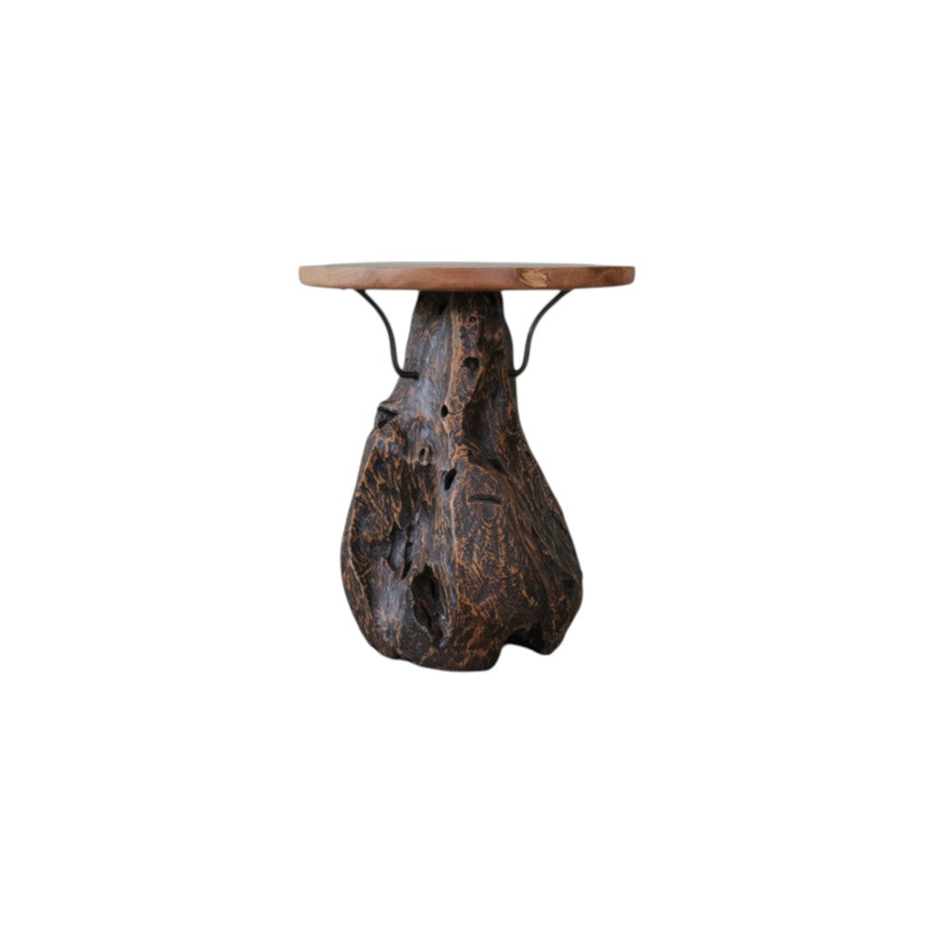 24" Natural Reclaimed Wood and Wood Round Pedestal End Table