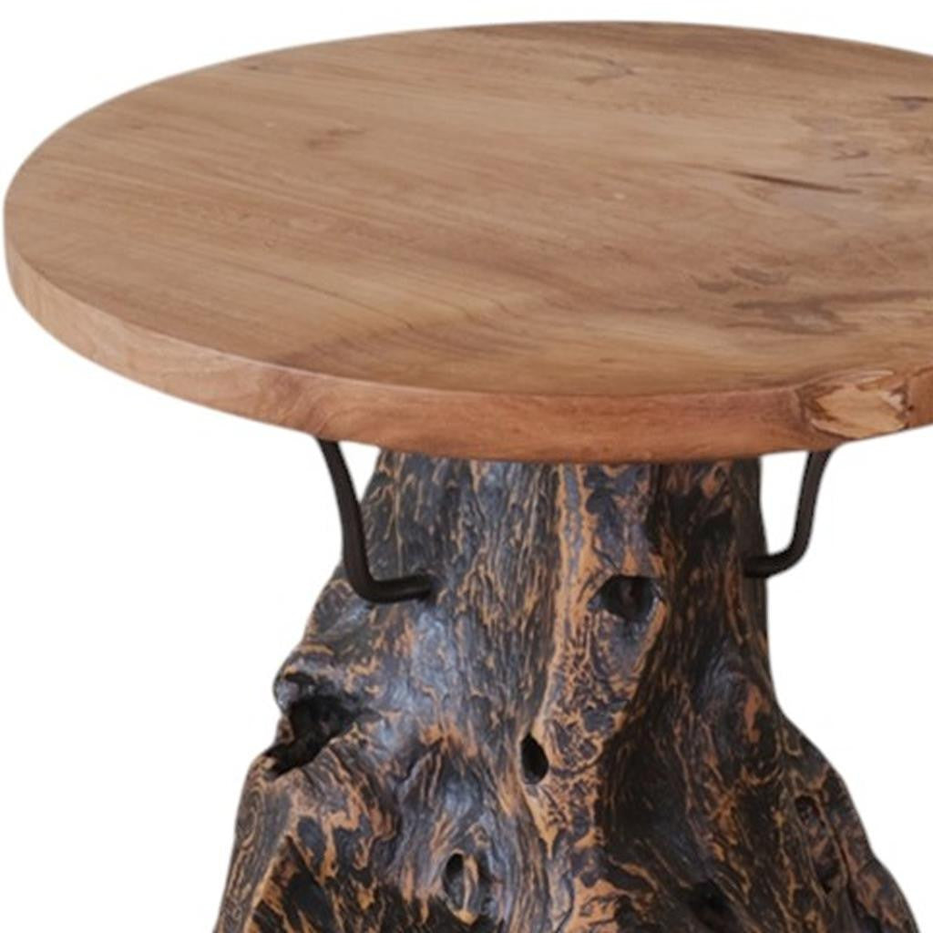 24" Natural Reclaimed Wood and Wood Round Pedestal End Table