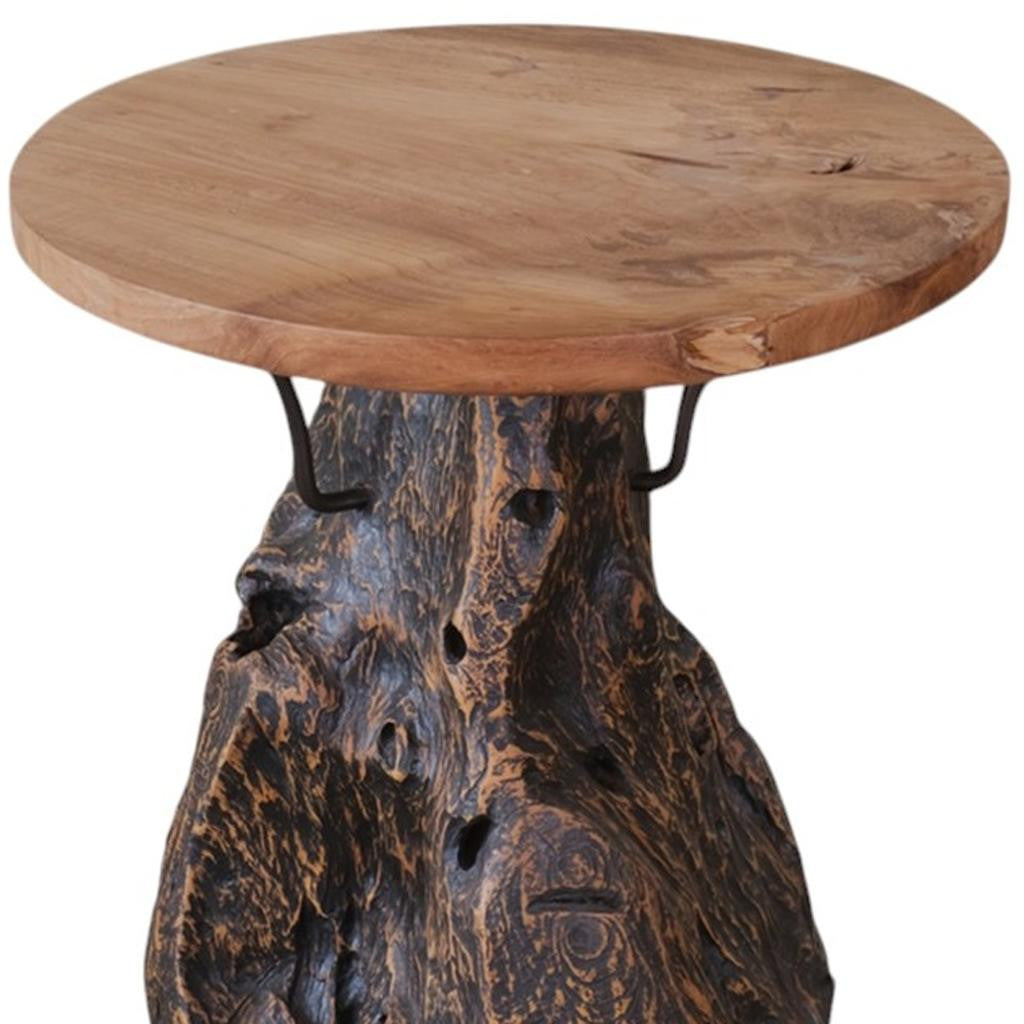 24" Natural Reclaimed Wood and Wood Round Pedestal End Table