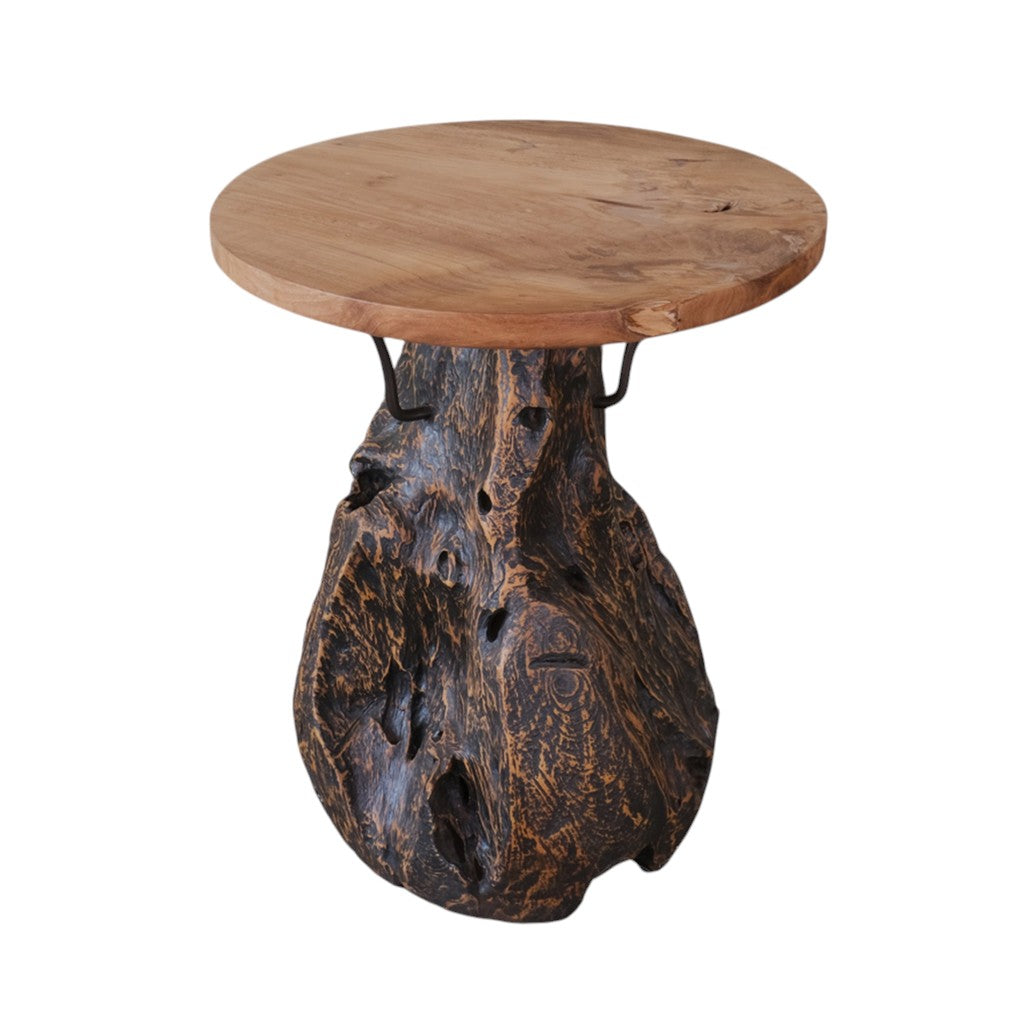 24" Natural Reclaimed Wood and Wood Round Pedestal End Table