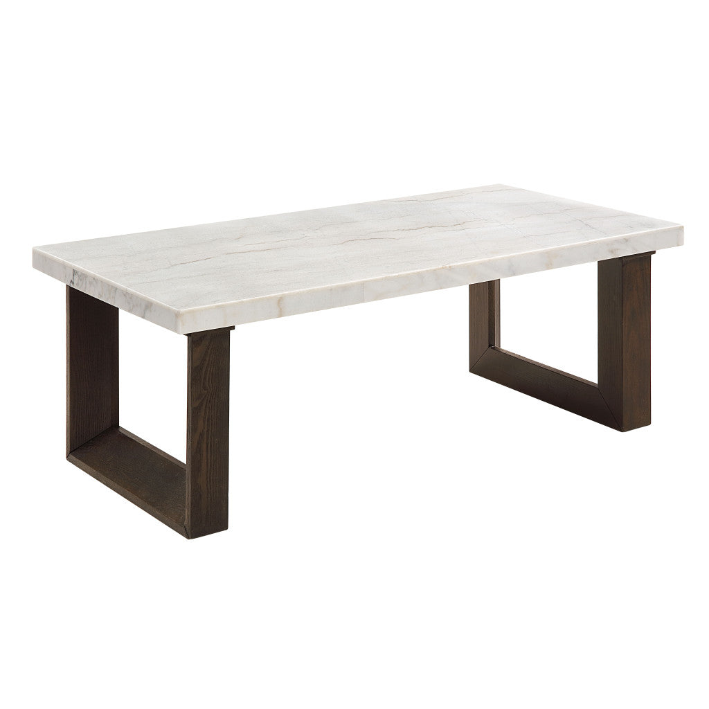 48" White and Espresso Genuine Marble and Wood Sled Coffee Table
