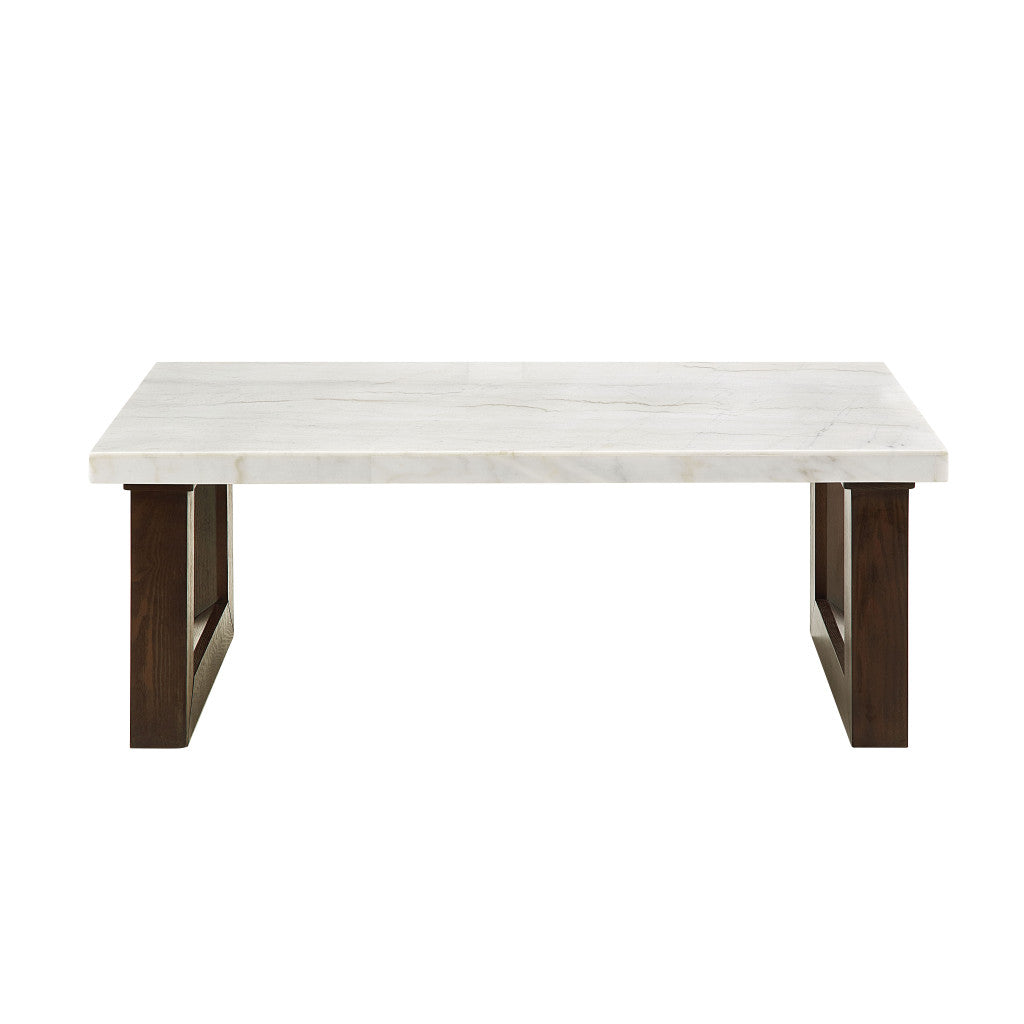 48" White and Espresso Genuine Marble and Wood Sled Coffee Table
