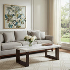 48" White and Espresso Genuine Marble and Wood Sled Coffee Table