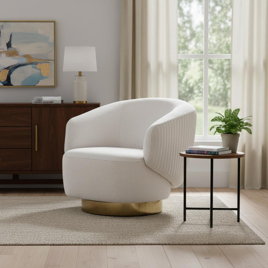 27" White and Gold Cotton Blend Swivel Lounge Chair