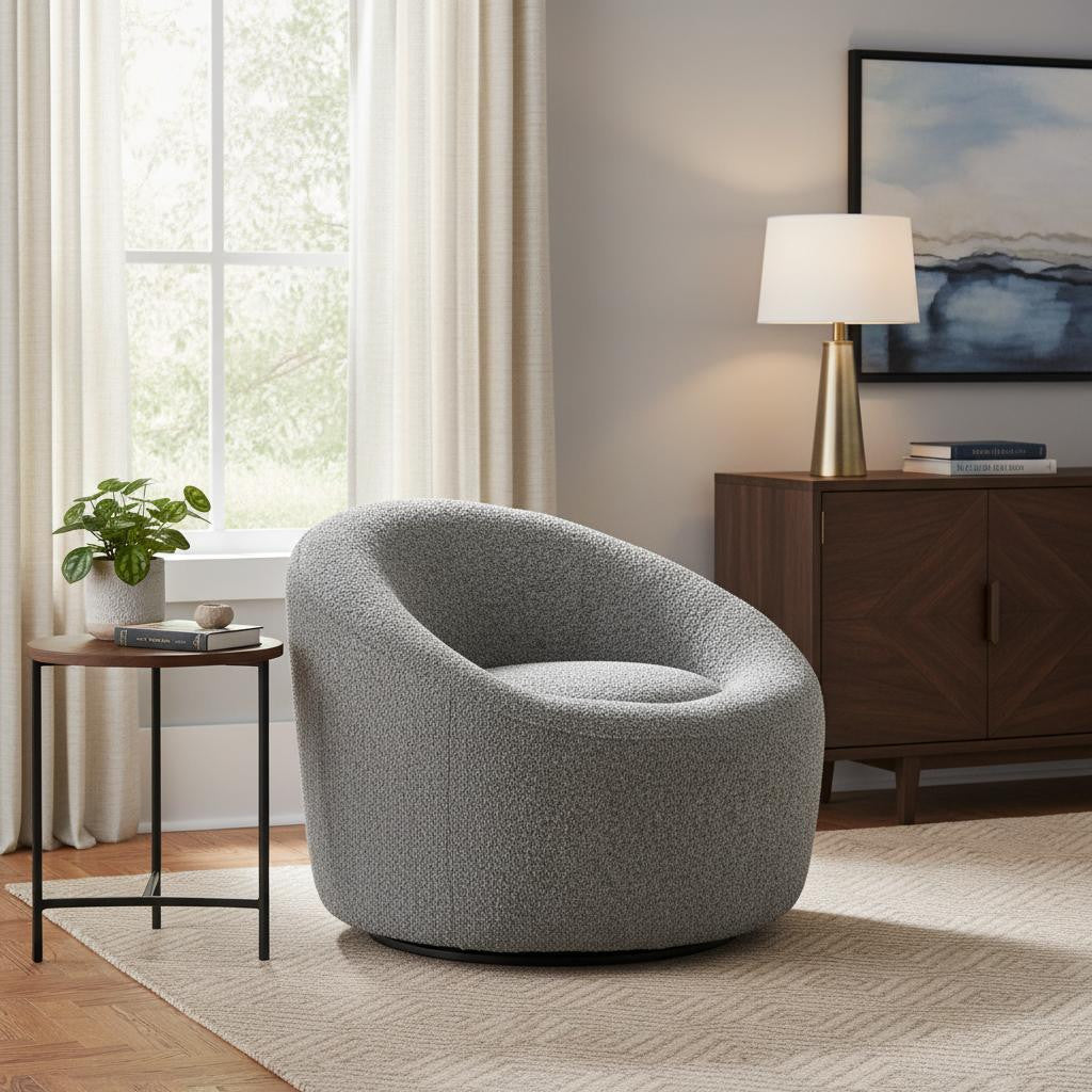 33" Gray Boucle and Metal Swivel Lounge Chair
