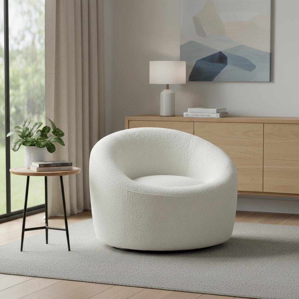 33" White Boucle and Metal Swivel Lounge Chair