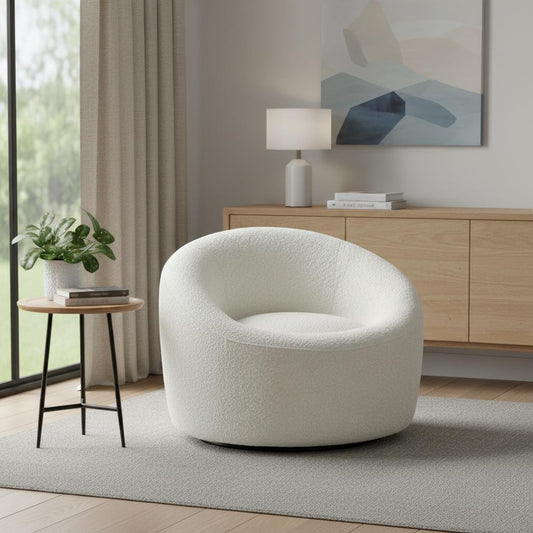 33" White Boucle and Metal Swivel Lounge Chair