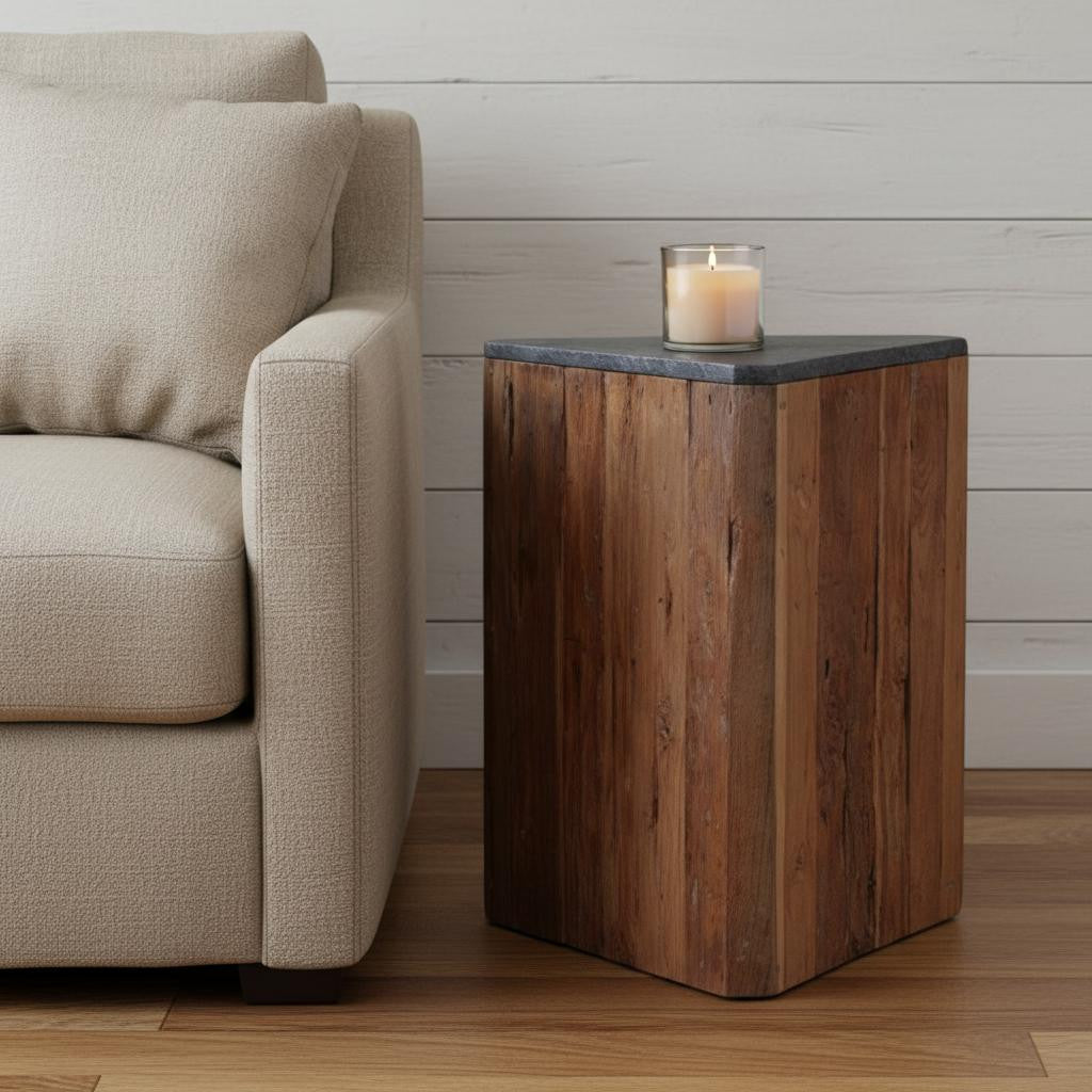 24" Charcoal and Natural Stone and Wood Block End Table