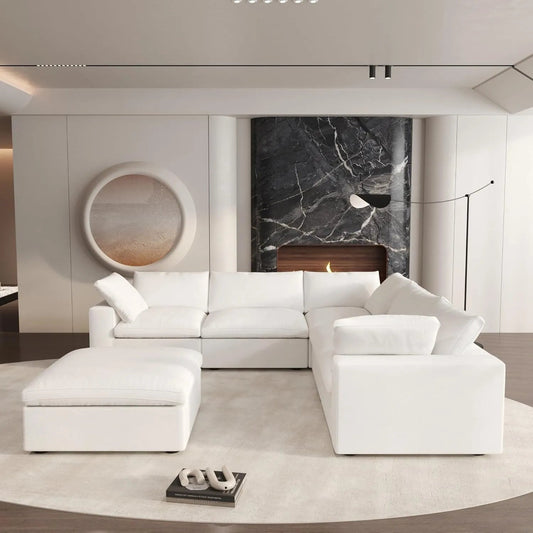 White Linen Blend Modular L Shaped Six Piece Corner Sectional