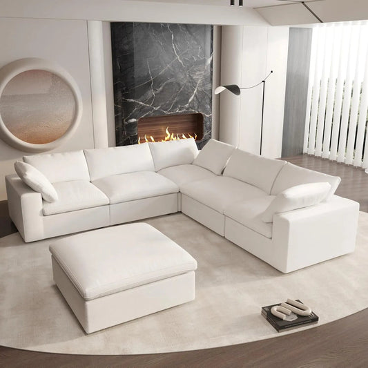 White Linen Blend Modular L Shaped Six Piece Corner Sectional