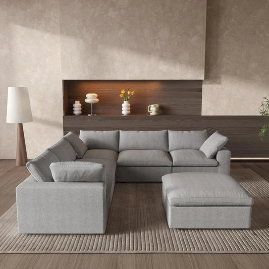 Light Gray Linen Blend Modular L Shaped Six Piece Corner Sectional