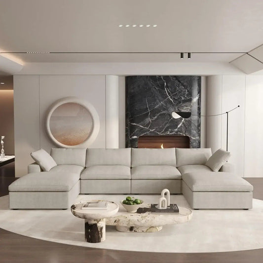 Khaki Linen Blend Modular U Shaped Six Piece Sofa and Chaise Sectional