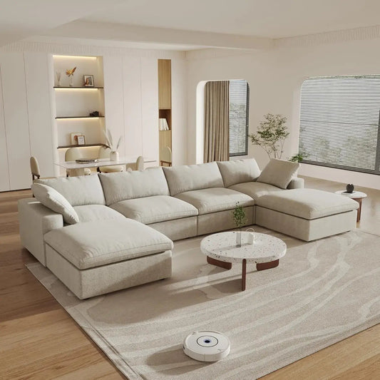Khaki Linen Blend Modular U Shaped Six Piece Sofa and Chaise Sectional