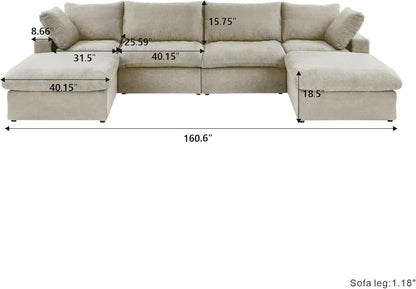 Khaki Linen Blend Modular U Shaped Six Piece Sofa and Chaise Sectional