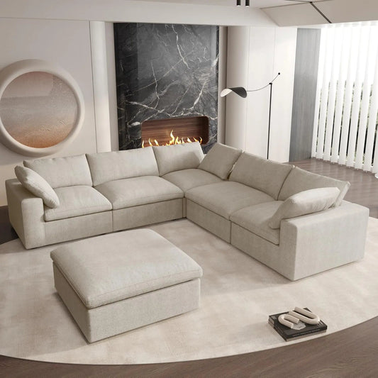 Khaki Linen Blend Modular L Shaped Six Piece Sofa and Chaise Sectional