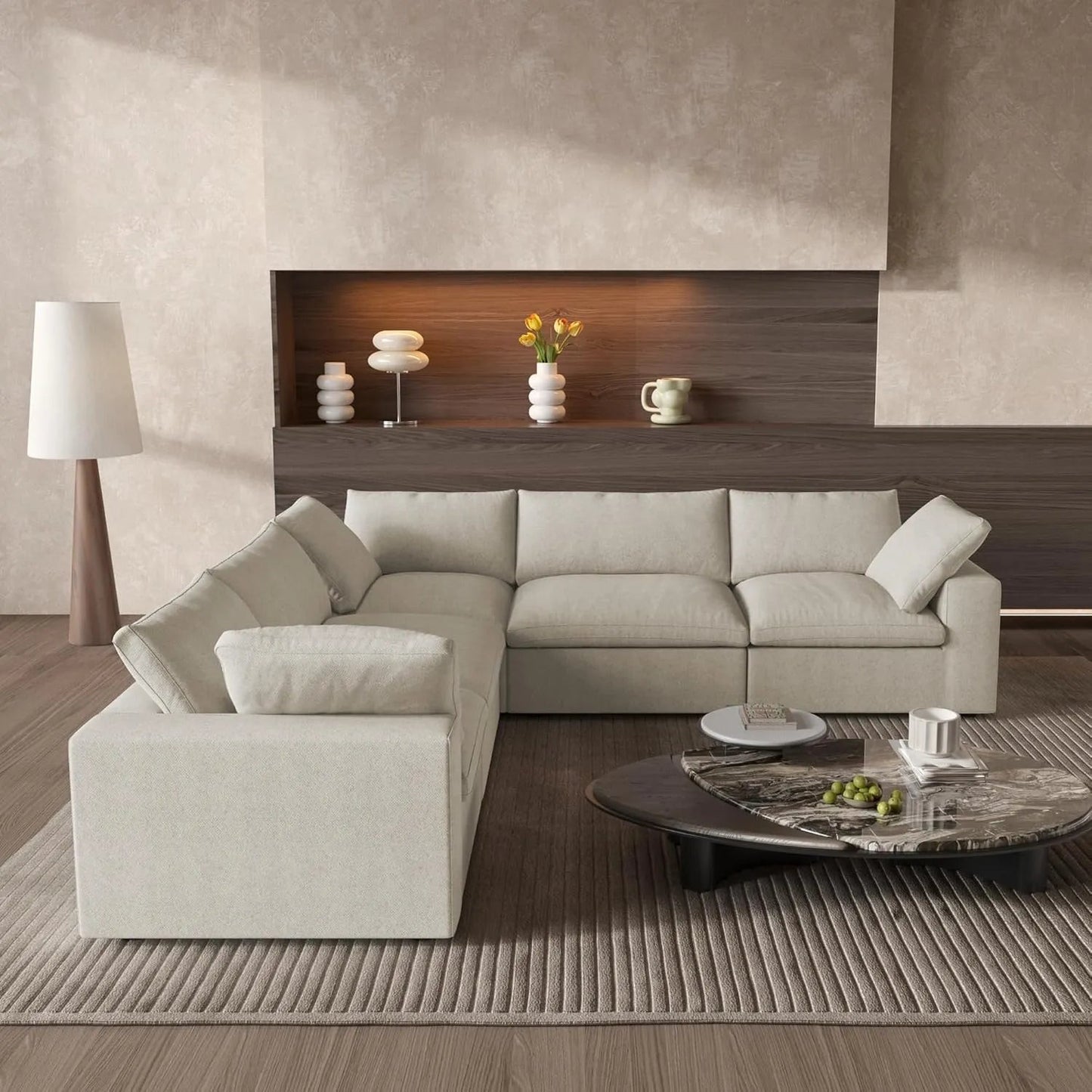 Khaki Linen Blend Modular L Shaped Five Piece Corner Sectional