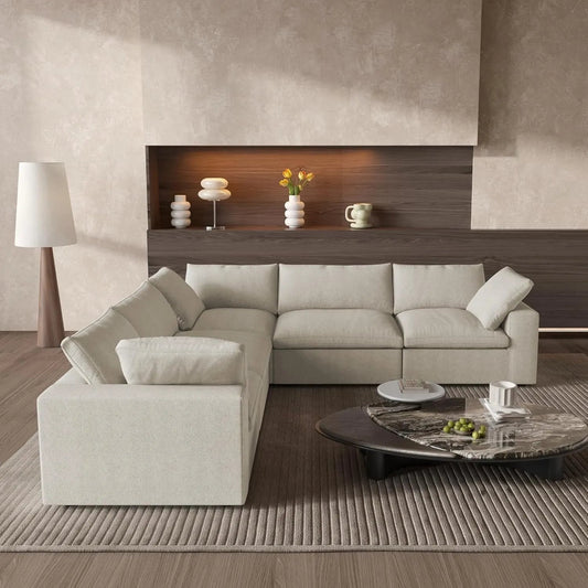 Khaki Linen Blend Modular L Shaped Five Piece Corner Sectional