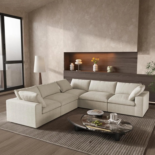 Khaki Linen Blend Modular L Shaped Five Piece Corner Sectional