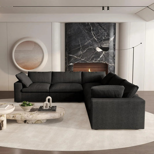 Black Linen Blend Modular L Shaped Five Piece Corner Sectional