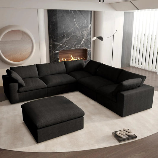 Black Linen Blend Modular L Shaped Six Piece Corner Sectional