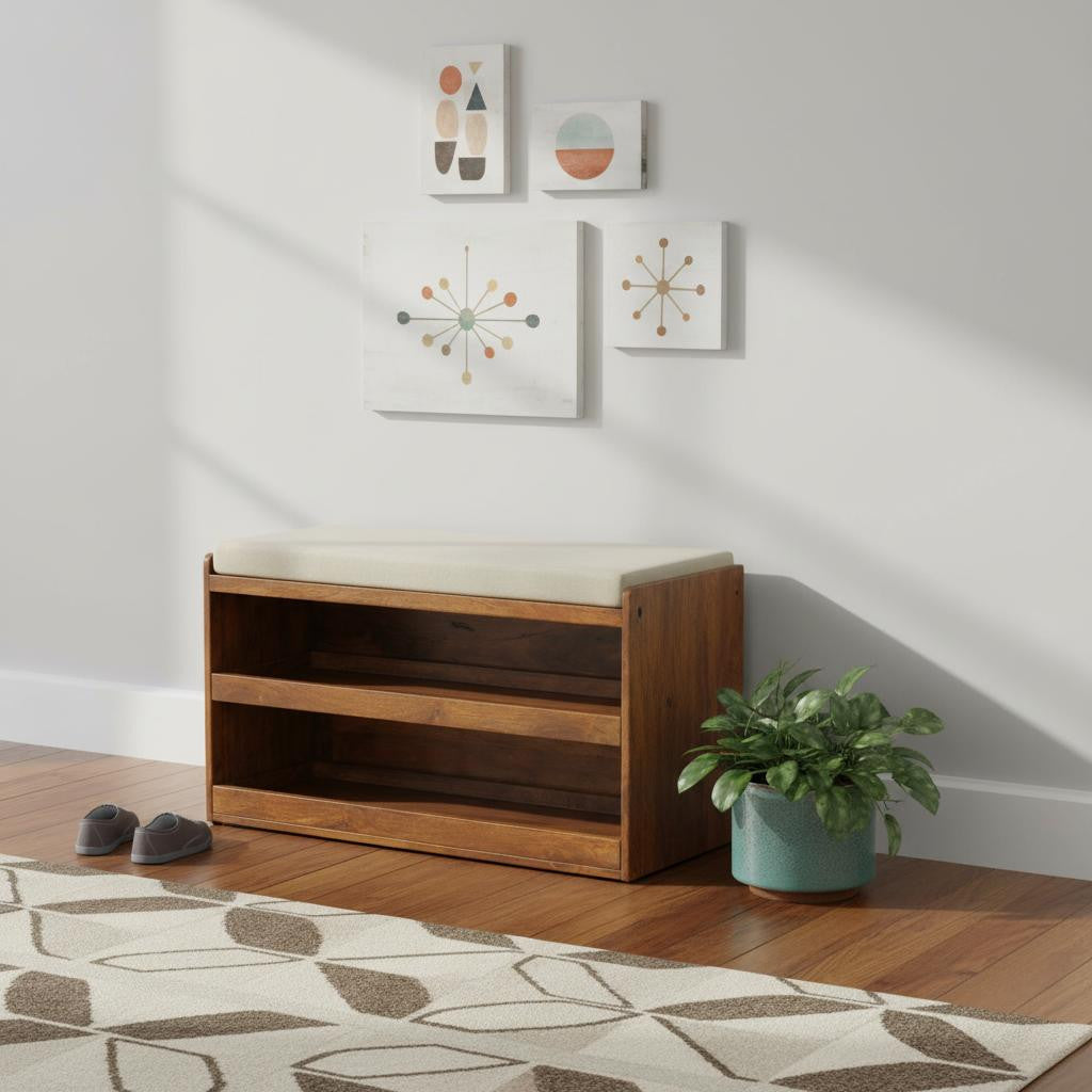 35" Brown Linen Upholstered Storage Bench With Shoe Storage