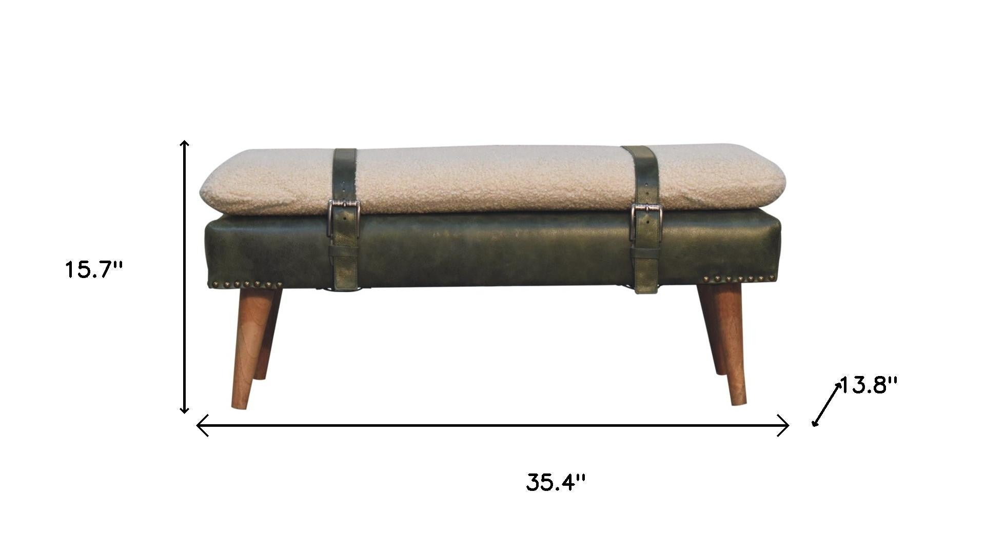 35" Brown Boucle and Solid Wood Upholstered Storage Bench With Cabinet